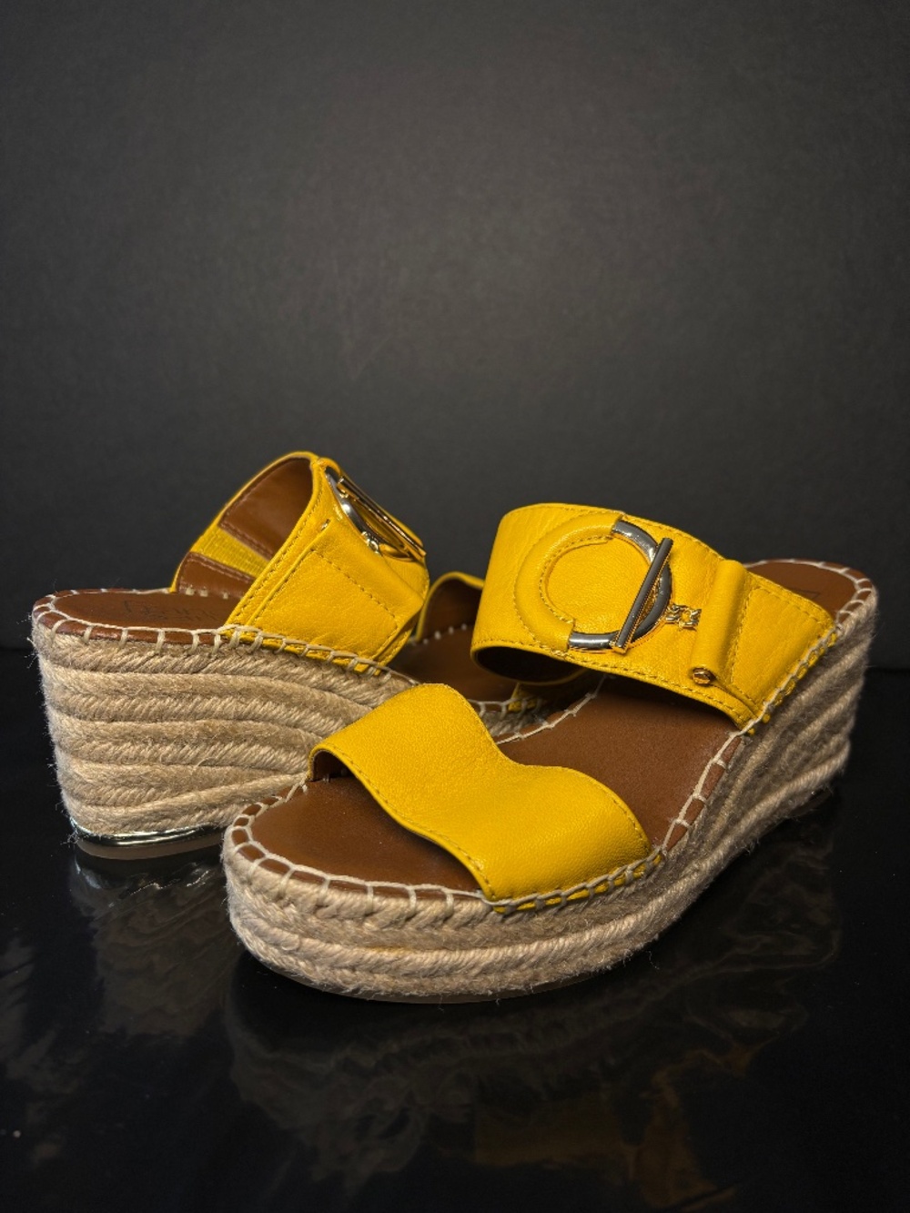 Franco Sarto L-Charlie Yellow Leather Espadrille Wedge Sandals Size 6M
